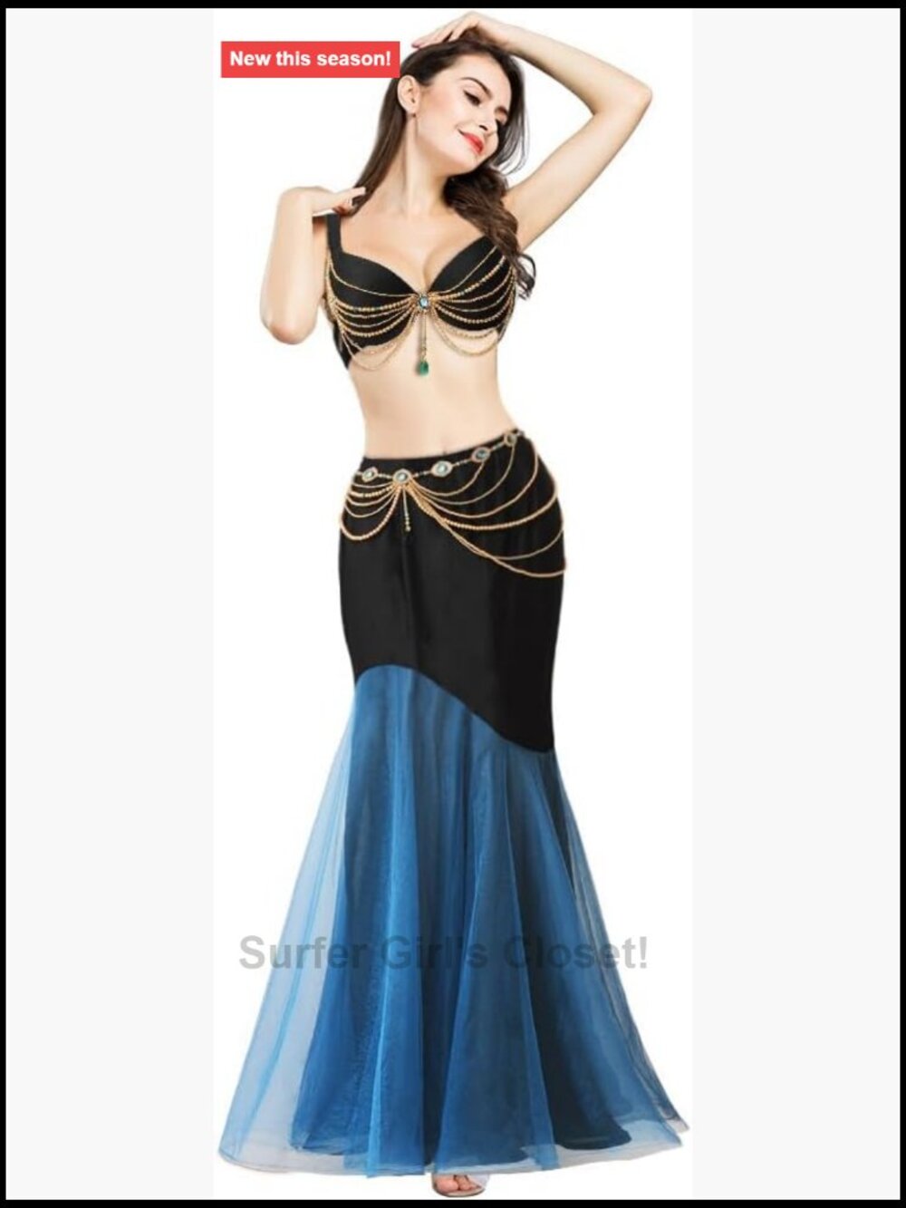 Mesh Spandex Mermaid Belly Dance Costume Set with Bra Belt Skirt - Carnival